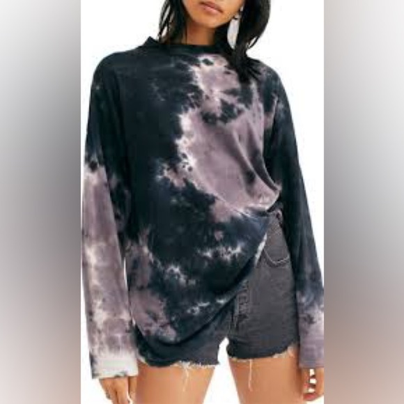 We The Free Tops - We The Free Women’s Black Grey Tie Dye Mock Neck Long Sleeve Top